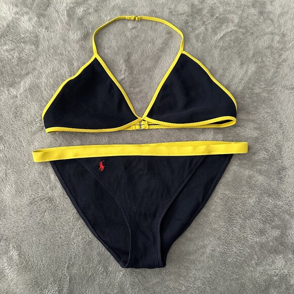 Ralph Lauren Swimsuit Two Piece Bikini LARGE Blue Yellow Triangle Top - Picture 1 of 5